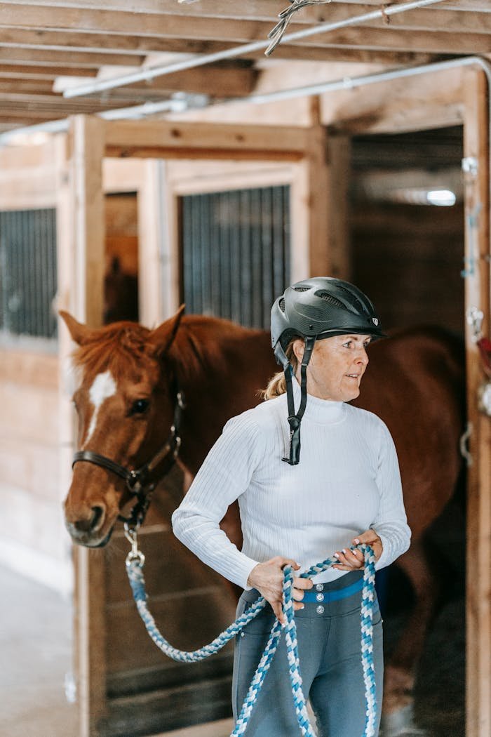 Woman wearing helmet leading a brown horse inside a stable, holding a blue and white lead rope.